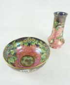 Maling Lustre Bowl, Decorated with colourful floral panels on a pink ground, 10cm high, 21.5cm