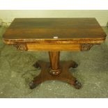 William IV Rosewood Card Table, Having a swivel fold over top, enclosing a felt lined interior,