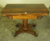 William IV Rosewood Card Table, Having a swivel fold over top, enclosing a felt lined interior,