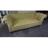 Chesterfield Drop End Sofa, circa late 19th / early 20th century, Upholstered in later green fabric,