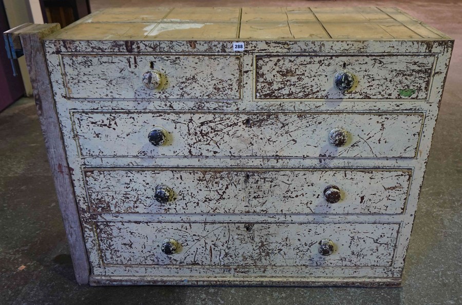 Victorian Painted Pine Tool Chest of Drawers, Lacking top section, having two small drawers above