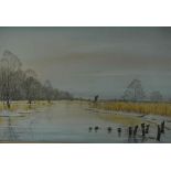 Jane B Gibson (Scottish) "Winter in Broadland" Watercolour, signed lower right, 49cm x 69cm, also