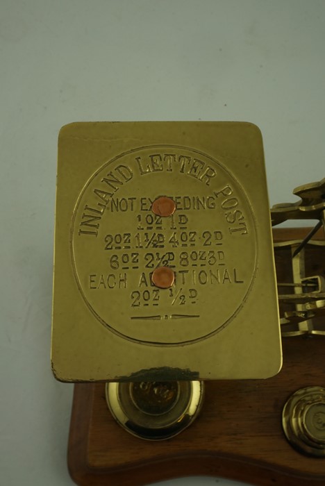 Set of Brass Postal Scales, with weights, raised on a wooden serpentine shaped base - Image 6 of 9