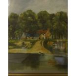 R.Allen (British 20th century) "English Landscape with Lake" Oil on Canvas, 23cm x 34cm, gilt