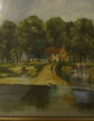 R.Allen (British 20th century) "English Landscape with Lake" Oil on Canvas, 23cm x 34cm, gilt