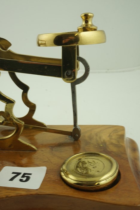 Set of Brass Postal Scales, with weights, raised on a wooden serpentine shaped base - Image 9 of 9