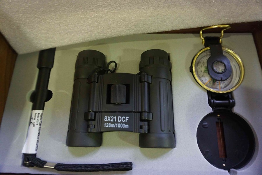 Box of Binoculars with Similar Accesories, to include a boxed trekking set, five pairs of