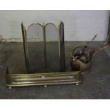 Brass Fire Fender, 23cm high, 104cm wide, 25cm deep, also with a brass coal helmet with assorted