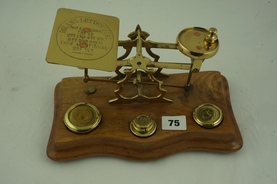 Set of Brass Postal Scales, with weights, raised on a wooden serpentine shaped base - Image 7 of 9