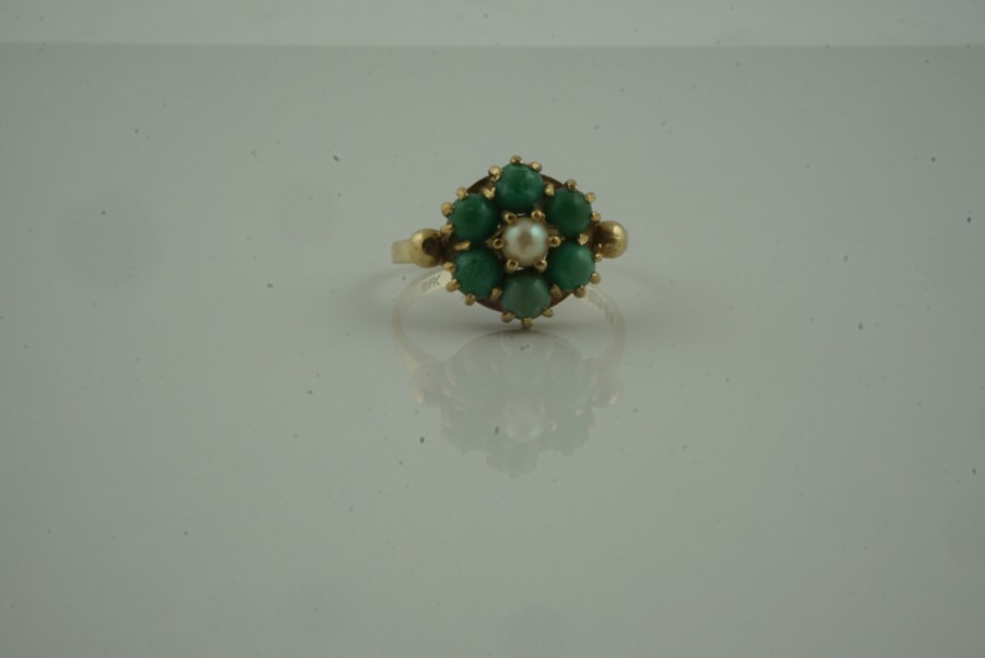 9ct Gold Gem Set and Seed Pearl Cluster Ring, set with a seed pearl to the centre, stamped 375,