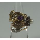 Five Assorted 9ct Gold Ladies Rings, To include a white gold and pearl ring, and an amethyst set