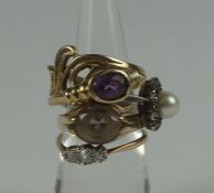 Five Assorted 9ct Gold Ladies Rings, To include a white gold and pearl ring, and an amethyst set