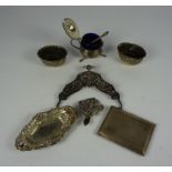 Mixed Lot of Silver, To include a Victorian purse frame, silver clip, cigarette case, pin trays,