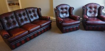 Chesterfield Ox Blood Leather Three Piece Suite, Comprising of three seater sofa with a pair of