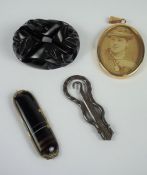 Jet Brooch, Approximately 5.5cm diameter, also with an agate brooch, photo pendant and French button