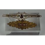 9ct Gold Ruby and Seed Pearl Brooch, circa late 19th / early 20th century, Set with three small