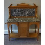 Late Victorian Pine Washstand, Having a marble splash back and surface, flanked with a towel rail,