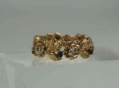 14K Gold Sapphire Ladies Ring, Set with allover small sapphire and diamond style stones, stamped