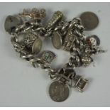 Silver Padlock Bracelet, With assorted attached silver charms, to include a Queen Victoria mounted