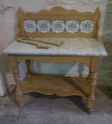 Pine Washstand, Having a tiled splash back, with marble surface above under tier, 106cm high, 92cm