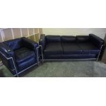 Black Leather Three Seater Sofa, 68cm high, 179cm wide, 70cm deep, with matching armchair, (2)