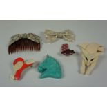 Four Decorative Brooches, Stamped Lea Stein - Paris, Two examples modelled as a fox and bow tie,