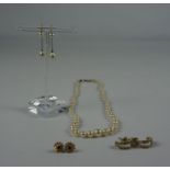 Three Pairs of Earrings, To include a pair of gem set flowerhead earrings, pair of double pearl