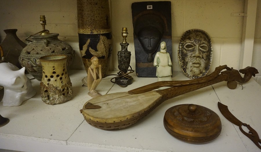 Sundry Lot of African Themed and Stoneware Ornaments, To include masks, table lamps, vases, signed - Image 3 of 5