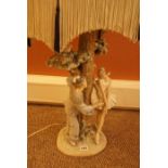 Large Lladro Porcelain Figural Table Lamp, Modelled as a clown and a ballerina standing next to a