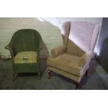 Wing Armchair, Upholstered in beige fabric, 101cm high, also with a Lloyd Loom style green wicker