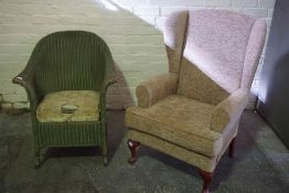 Wing Armchair, Upholstered in beige fabric, 101cm high, also with a Lloyd Loom style green wicker