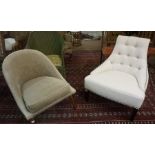 Two Modern Chairs, Upholstered in cream button back fabric, and velour, 74cm, 81cm high, (2)