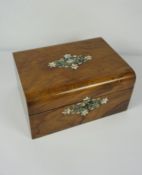 Victorian Walnut Sewing Box, Having a mother of pearl and abalone shell panel to the top and frieze,