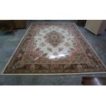 Kashmir Machine Made Carpet, Decorated with floral medallions and motifs on a cream ground, 335cm