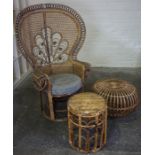 Woven Wicker High Back Chair, 140cm high, also with a wicker stool and a bamboo stool, (3)