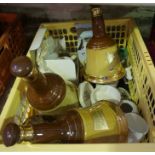 Two Boxes of Assorted China and Glass, To include Bells whisky decanters by Wade, part tea sets etc