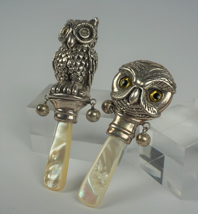 Two Silver Baby Rattles, Modelled as owls, stamped Sterling to one, with faux mother of pearl - Image 2 of 3
