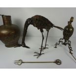 Mixed Lot of Brass and Metalwares, To include a metal figure of a peacock, brass top table, hammered