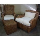Two Wicker Conservatory Armchairs, 76cm, 115cm high, also with a wicker laundry box, (3)
