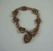 9ct Gold Gem Set Padlock Bracelet, Set with three peridot and pink stones (possibly topaz),