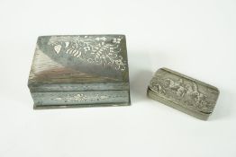 White Metal Snuff Box, Decorated with a cast hunting scene, 6cm wide, also with a white metal box,