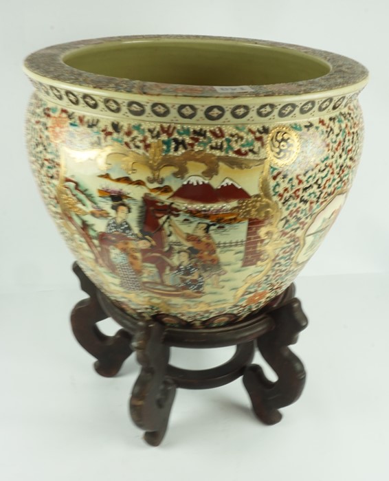 Satsuma Syle Porcelain Fish Bowl, Decorated with panels of figures and fish, stamped Satsuma style