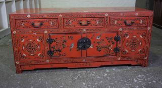 Chinese Red Lacquered Cupboard, circa early 20th century, Having three small drawers above two