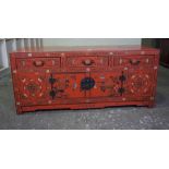 Chinese Red Lacquered Cupboard, circa early 20th century, Having three small drawers above two