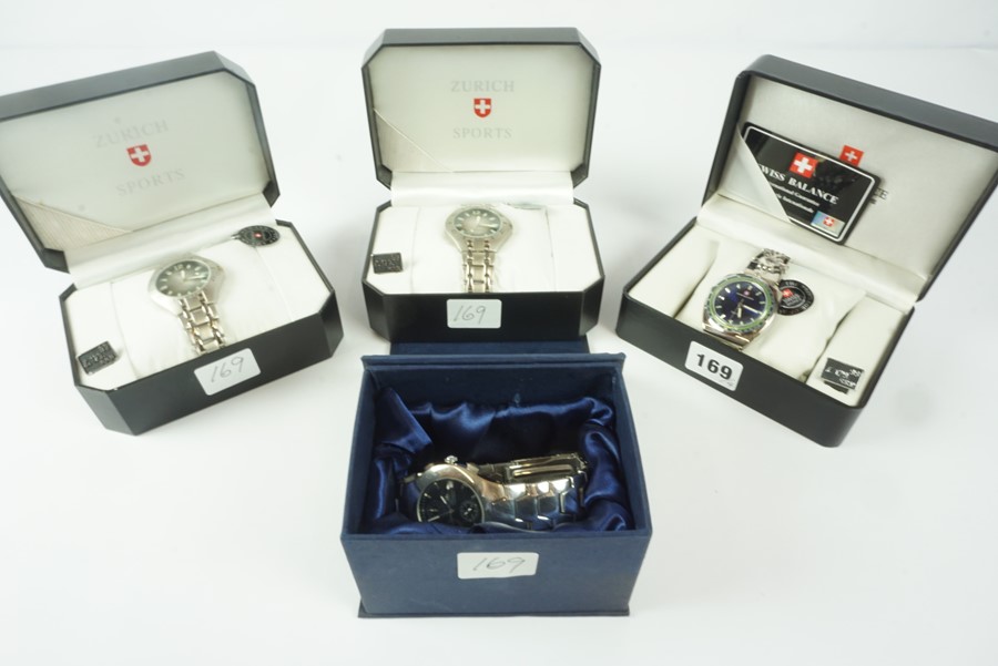 Four Mens Quartz Wristwatches, Comprising of two Zurich Sports watches, Swiss Balance, and King