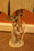 Large Lladro Porcelain Figural Table Lamp, Modelled as a clown and a ballerina standing next to a