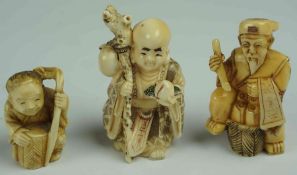 Three Japanese / Oriental Ivory Netsukes, pre 1947, Modelled as an immortal, buddha, and child
