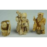 Three Japanese / Oriental Ivory Netsukes, pre 1947, Modelled as an immortal, buddha, and child