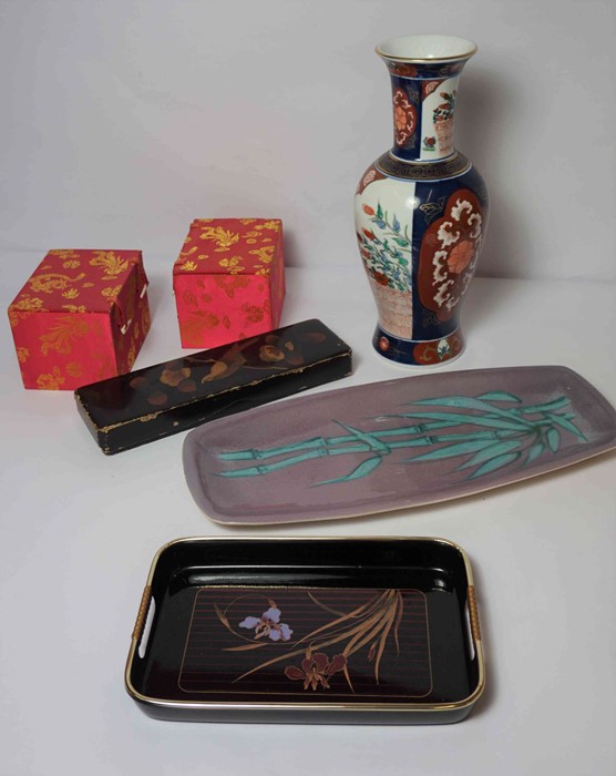 Box of Oriental Collectables, to include a Japanese imari vase, two Chinese style silk export boxes,