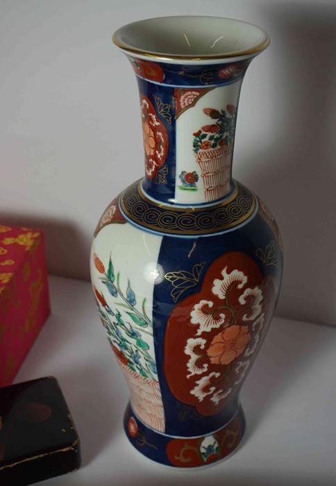 Box of Oriental Collectables, to include a Japanese imari vase, two Chinese style silk export boxes, - Image 3 of 3